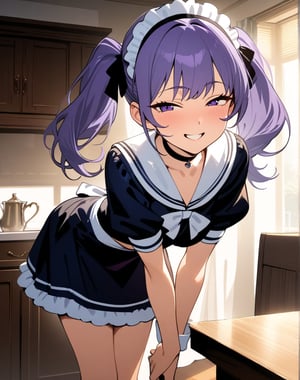 (masterpiece, top quality), high definition, artistic composition, 1 girl, maid outfit like sailor suit, twin tails, hand on waist, dining room, bent over, squinting and smiling, purple hair, choker, backlight, cupboard