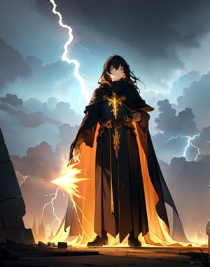 (masterpiece, top quality), high definition, artistic composition, 1 woman, wizard's robe, standing tall, (right arm held out in front, reaching), expressionless, golden eyes, looking down, dark background, large lightning, wide sky, ruins, fantasy, striking light