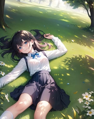 (masterpiece, top quality), high definition, artistic composition, one girl, sprawled out, lying on grass, smiling, sunlight filtering through trees, shadow of leaves, pleasant, wind blowing, white shirt, dark blue skirt, an aerial view, Dutch angle, white socks, looking away, staring at sky

