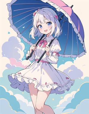 (masterpiece, top quality), high definition, artistic composition, 1 girl, 15 years old, smiling, puff sleeve, gather skirt, holding parasol, jumping, pop image, illustration style, pastel colors, cute gesture, lobbed hair