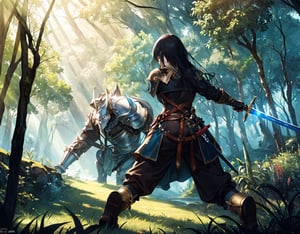 Masterpiece, top quality, high definition, artistic composition, 1 girl, fantasy, back view, female swordsman, holding sword, action pose, fighting giant humanoid monster, in forest, light shining through, wide shot