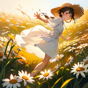 Masterpiece, top quality, high definition, artistic composition, 1 girl, girl running through chamomile field, white dress, straw hat, squinting and smiling, from the side, looking away, cute gesture, bold composition, beautiful light


,girl