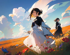 (masterpiece, top quality), high definition, artistic composition, 2 women, taking a picture, talking, looking away, white shirt, cosmos field, fall sky, from the side, looking happy, portrait, action pose, wide shot, smiling, frolicking