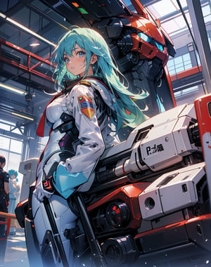 Masterpiece, Top Quality, High Definition, Artistic Composition, One Girl, White Pilot Suit, Body Suit, Android Style, Glowing Purple, Science Fiction, Sitting, Smiling, Greeting, Looking Away, Waving, Sweating, Blue-Green Hair, Inside Factory, Warehouse, People Working, Wide Shot, Japanese Anime Style people working, part of giant mecha in background, wide shot, Japanese anime style, Giant Combat Robot in the background, Perspective