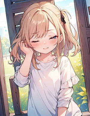 (masterpiece, top quality), high definition, artistic composition, 1 girl, winking, troubled, blushing, casual fashion, young child, one eye closed