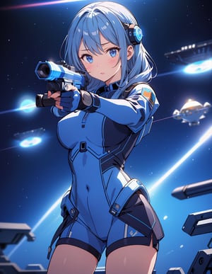 Masterpiece, Top Quality, High Definition, Artistic Composition, One girl, blue space suit, retro ray gun with both hands, aiming, shooting, action pose, space invaders, space base, outer space, bold composition, science fiction