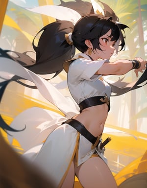 (masterpiece, top quality), high definition, artistic composition, 1 girl, black hair, anime style costume, loose white cloth ethnic style fighting outfit, navel showing, brown skin, oriental dagger in sheath, twin tail, Southeast Asian jungle, blurred background