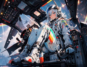 masterpiece, top quality, 1 girl, white pilot suit, helmet in hand, sitting in cockpit, otherworldly airbase, runway, algorithm design fighter, silver fighter, high definition, composition from below, wide shot, dark rainbow sky colors, science fiction, fantastic