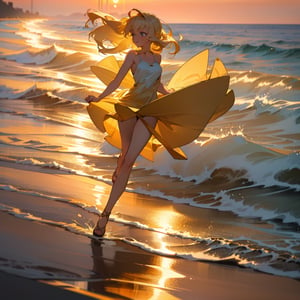Masterpiece, top quality, high definition, artistic composition, 1 woman, running on the beach, frolicking, smiling, looking away, blonde hair blowing in the wind, feminine gesture, from the side, sandy beach, sunset, golden sea, beautiful light, striking, high contrast