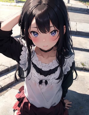 (Masterpiece, Top Quality), High Definition, Artistic Composition, 1 girl, 10 years old, younger sister, prone, troubled, mouth agape, gaze down, composition from above, hands in front of chest, blushing, pretty clothes, frilly skirt, hands on head, being patted, looking away