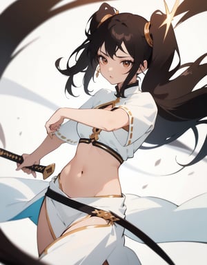 (masterpiece, top quality), high definition, artistic composition, 1 girl, black hair, anime style costume, loose white cloth ethnic style fighting outfit, navel showing, brown skin, oriental dagger in sheath, twin tail, Southeast Asian jungle, blurred background