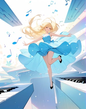 Masterpiece, Top Quality, High Definition, Artistic Composition,1 girl, blue dress, blond hair, smiling, frolicking, one leg raised, bouncing on huge piano keys, white background, lots of big musical notes image floating in the air, image, unreasonable, fairy tale, pastel tones, wide shot