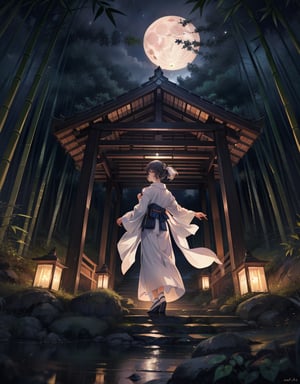 (Masterpiece, Top Quality), High Definition, Artistic Composition, 1 girl, Animation, white kimono, standing, from below, quiet, big moon, night, bamboo forest, striking light, dramatic, low saturation, from front