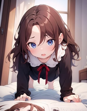 (Masterpiece, Top Quality), High Definition, Artistic Composition, 1 Girl, Animated, On All Fours, Close-up of Face, Surprised, Brown Hair, Wavy Hair, Stupid Hair, Child Clothes, Dutch Angle