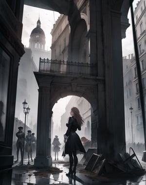 Masterpiece, Top quality, High definition, Artistic composition,1 girl, city girl, standing, stunned, looking away, dirty clothes, Parisians storm the Bastille jail, 1789, Bastille jail is destroyed, dramatic, bold composition, dramatic