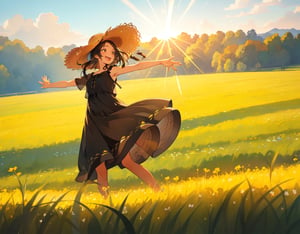 (masterpiece, top quality), high definition, artistic composition, 1 girl, dark hair, sundress, straw hat, running with open arms, open mouth laughing, braids, side view, meadow, dramatic, striking light, bold composition