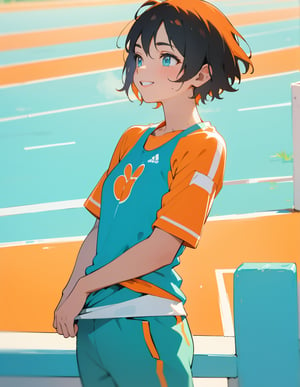 Masterpiece, Top quality, High definition, Artistic composition, One girl, front view, track, cyan and orange sportswear, smiling, sweating, sports towel, looking away, short hair, bold composition