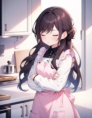 (masterpiece, top quality), high definition, artistic composition, 1 female, dark hair, long hair, pretty face, pouty, young, apron, kitchen, hair tied back, pastel colors, striking light, wife, cartoon, loungewear, Arms crossed, looking away, eyes closed, looking up