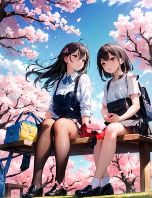 Masterpiece, top quality, high definition, artistic composition, two girls, big cherry blossom tree, cherry blossoms in full bloom, blue sky, striking clouds, sitting on ground, sitting sideways, lunch box, having a conversation, looking up at sky, from below, wide sky, wide shot, casual wear