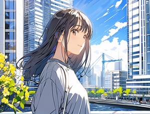 masterpiece, top quality, 1 girl, casual spring coordination, nice weather, date, downtown Tokyo, dingy 2 story apartment, skyscrapers in far distance, high definition, portrait, artistic composition