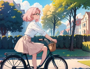 (Masterpiece, Top Quality), High Definition, Artistic Composition, 1 Woman, round black rimmed glasses, neatly coiffed hair, light pink shirt, beige skirt, dark blue shoes, driving bicycle, retro bicycle with front basket, from side, looking away, suburban scene, portrait, lady, calm Atmosphere