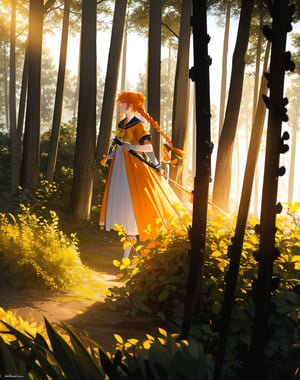(masterpiece, top quality), high definition, artistic composition, 1 woman, yellow sailor-like battle dress, warrior, holding large stylish bow, woods, striking light, sunlight filtering through trees, high contrast, bold composition, orange hair, long braids, fantasy, stalking prey, ruins