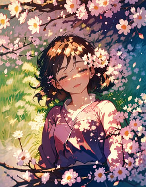  Masterpiece, top quality, high definition, artistic composition, one woman, animation, overhead shot, sleeping with eyes closed, resting, leaning back, mature, 18 years old, smile, casual fashion, Japan, high definition, cherry blossom frame, portrait, wide shot, grass, dandelion, petals dancing, warm sunlight
,<lora:659111690174031528:1.0>