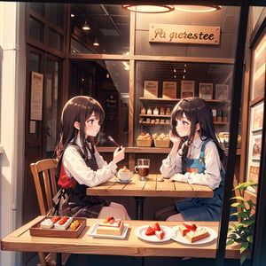 Masterpiece, Top quality, High definition, Artistic composition, Two girls, Friends, Coffee store, Sitting eating shortcake, Smiling, Talking, Looking away, Retro store, From side, Impressive light, Portrait, Fork in hand, High color temperature