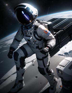 Masterpiece, Top Quality, High Definition, Artistic Composition,1 girl, spacesuit, spacewalk, (asteroid), spaceship hatch, dark space, Dutch angle, helmet, working outboard, high contrast, cold, vast,girl