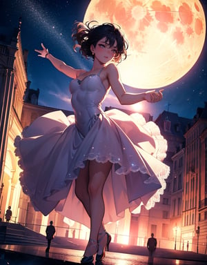 masterpiece, top quality, high definition, artistic composition, animation, France, one woman, dancing ballet, outdoor stage, big moon, spotlight, action pose, dynamic composition, striking light