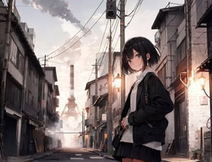 Masterpiece, Top Quality, High Definition, Artistic Composition, 1 girl, blank expression, white shirt, black skirt, 1960s Japan, short hair, crude clothing, gray sky, big factory, lots of chimneys, lots of smoke coming from big chimney, melancholy, dark, wide shot, portrait, slum, black fog, 13-year-old girl, yellow street lamp