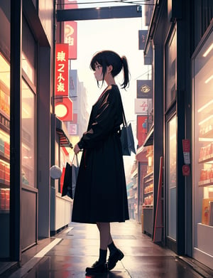 (masterpiece, top quality), high definition, artistic composition, 1 girl, Japanese shopping street, arcade, from side, reaching, standing in front of store, pointing, dramatic, jersey, portrait, shopping, looking away, stooping