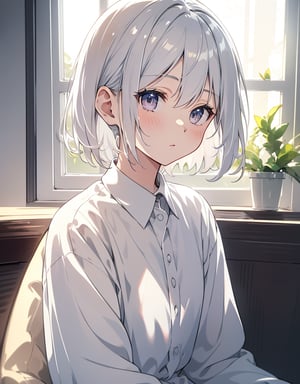 Masterpiece, Top Quality, High Definition, Artistic Composition, One girl, silver hair, white skin, pale eyes, blank expression, sitting by window, backlight, bust shot, beige cotton shirt, striking light, front composition, calm, quiet, late afternoon, short hair