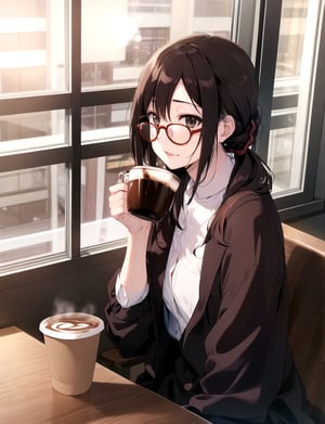 Masterpiece, Top Quality, 1 girl, round glasses, dark rimmed glasses, close-up of face, long shaggy hair, hair tied back, coffee shop, reaching up, looking out window, coffee cup, Japan, plain clothes, window seat, high definition, yawning