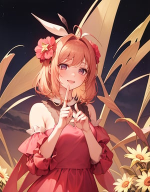 (Masterpiece, Top Quality), High Definition, Artistic Composition, 1 girl, pink dress, finger up, perfect smile, blonde hair, auburn hair, antenna hair, young lady, white background, flower symbol, star symbol, heart symbol, Noh, from front, upper body,(masterpiece),scenery