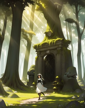 (masterpiece, top quality), high definition, artistic composition, 1 girl, walking, through a small stone gate, lots of strange human-shaped stone statues, mossy, surreal, sunlight through trees, dark forest, surprised, 