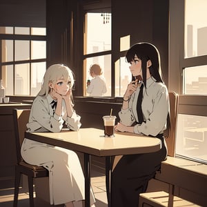 Masterpiece, Top quality, High definition, Artistic composition, Two girls, Friends, Coffee store, Sitting eating shortcake, Smiling, Talking, Looking away, Retro store, From side, Impressive light, Portrait, Fork in hand, High color temperature