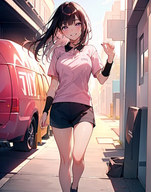 (masterpiece, top quality), high definition, artistic composition, 1 girl, dark hair, light pink polo shirt, from front, walking, blunt bangs, squinting and smiling, tilting head, girlish gesture, young lady, walk, portrait