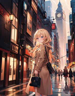 Masterpiece, top quality, high definition, artistic composition, 1 woman, walking, casual, beige coat, urban style, hands behind back, handbag, looking away, smiling, shocked, saying goodbye, May Storm, night city, dramatic, side view, cowboy shot