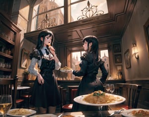 Masterpiece, Top Quality, High Definition, Artistic Composition, 2 girls, Italian restaurant, from below, pasta, fork in hand, talking while eating, angry, laughing, friends, Italian fashion, wide shot, dark interior, striking light, dramatic, backlit