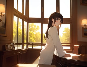 Masterpiece, Top quality, High definition, Artistic composition, 1 girl, sitting, smiling, looking at picture on table, looking away, dining room, loungewear, window, table, from side, backlight, striking light, relaxing