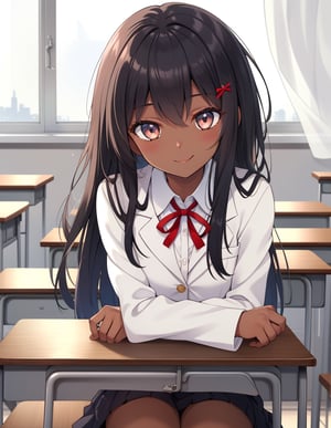 (masterpiece, top quality), high definition, artistic composition, 1 girl, classroom, seated, elbows on desk, smiling, black hair, long hair - dark eyes, dark skin, portrait, white blazer, school uniform, red ribbon, from front, exotic, head tilted