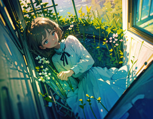  Masterpiece, Top Quality, High Definition, Artistic Composition, 1 girl, cheekbones, window seat, thinking, cute gesture,,Spring Coordinates, Portrait, Watercolor style young grass colored plant frame frame, pastel colors, from above, light shining through, striking, calm, dark hair, short cut,photograph,<lora:659111690174031528:1.0>