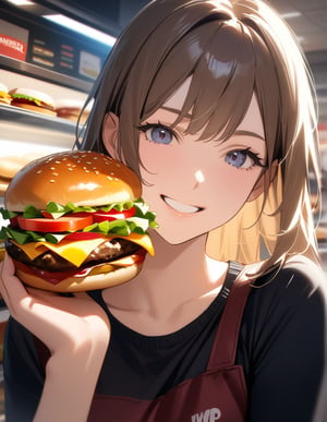 Masterpiece, Top Quality, High Definition, Artistic Composition,1 girl, offering hamburger in hand, close-up of hamburger, smiling, hamburger store, date, POW, realistic hamburger, portrait