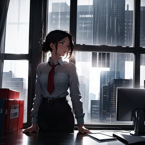 Masterpiece, top quality, high definition, artistic composition, 1 woman, May Day, Labor Day, office, raining outside window, looking away, staring out window, bold composition, tired, dramatic, office worker, high contrast, backlit