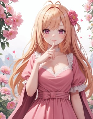 (Masterpiece, Top Quality), High Definition, Artistic Composition, 1 girl, pink dress, finger up, perfect smile, blonde hair, auburn hair, antenna hair, young lady, white background, flower symbol, star symbol, heart symbol, Noh, from front, upper body,(masterpiece),scenery