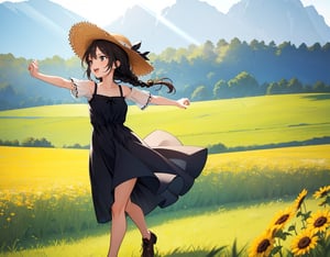 (masterpiece, top quality), high definition, artistic composition, 1 girl, dark hair, sundress, straw hat, running with open arms, open mouth laughing, braids, side view, meadow, dramatic, striking light, bold composition