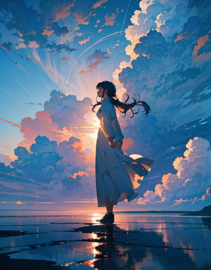  Masterpiece, Top Quality, High Definition, Artistic Composition, 1 Girl, Back View, Looking Up To Heaven, Sea, Wide Sky, Striking Sky Color, Many Lines Of Light Falling From The Sky, Wide Shot, Majestic Nature, Fantastic, Open Hands, Dramatic,<lora:659111690174031528:1.0>