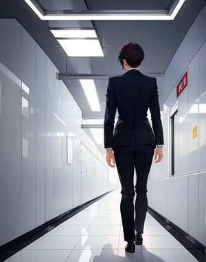 (masterpiece, top quality), high definition, artistic composition, 1 woman, business suit, back view, walking, clean Japanese underground walkway, white tiles, perspective, silence, guide light, information board, advertising sign, bright