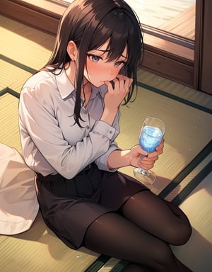 (masterpiece, top quality), high definition, artistic composition, 1 woman, sober casual fashion, pantyhose, sitting on tatami, leaning against wall, Extending the leg, looking sad, nose blush, looking away, holding glass of water, from above, mouth agape complaining, complaining, complaining.


